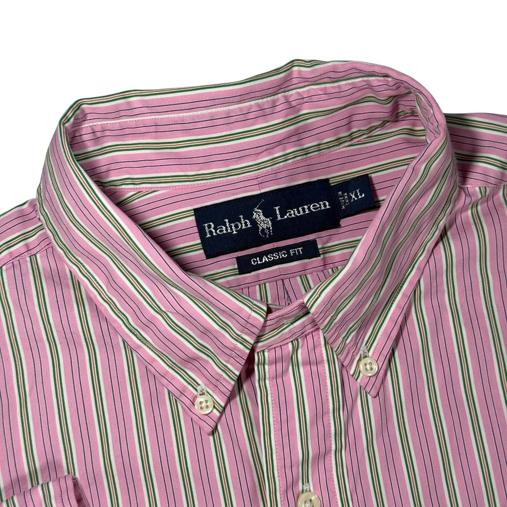 Polo Ralph Lauren Mens XL Classic Fit Pink Green Striped Button Down Shirt